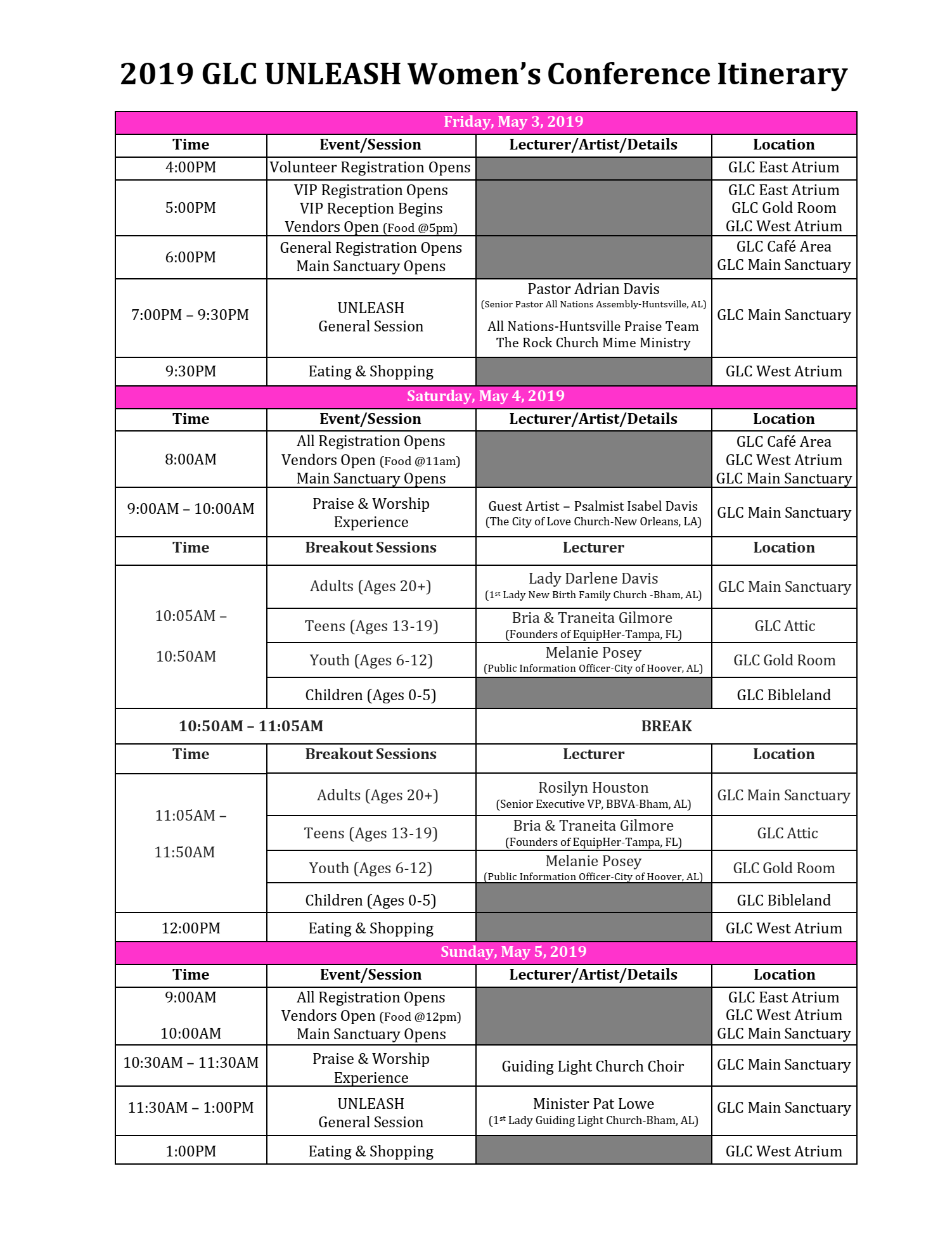 Itinerary - GLC UNLEASH Women's Conference